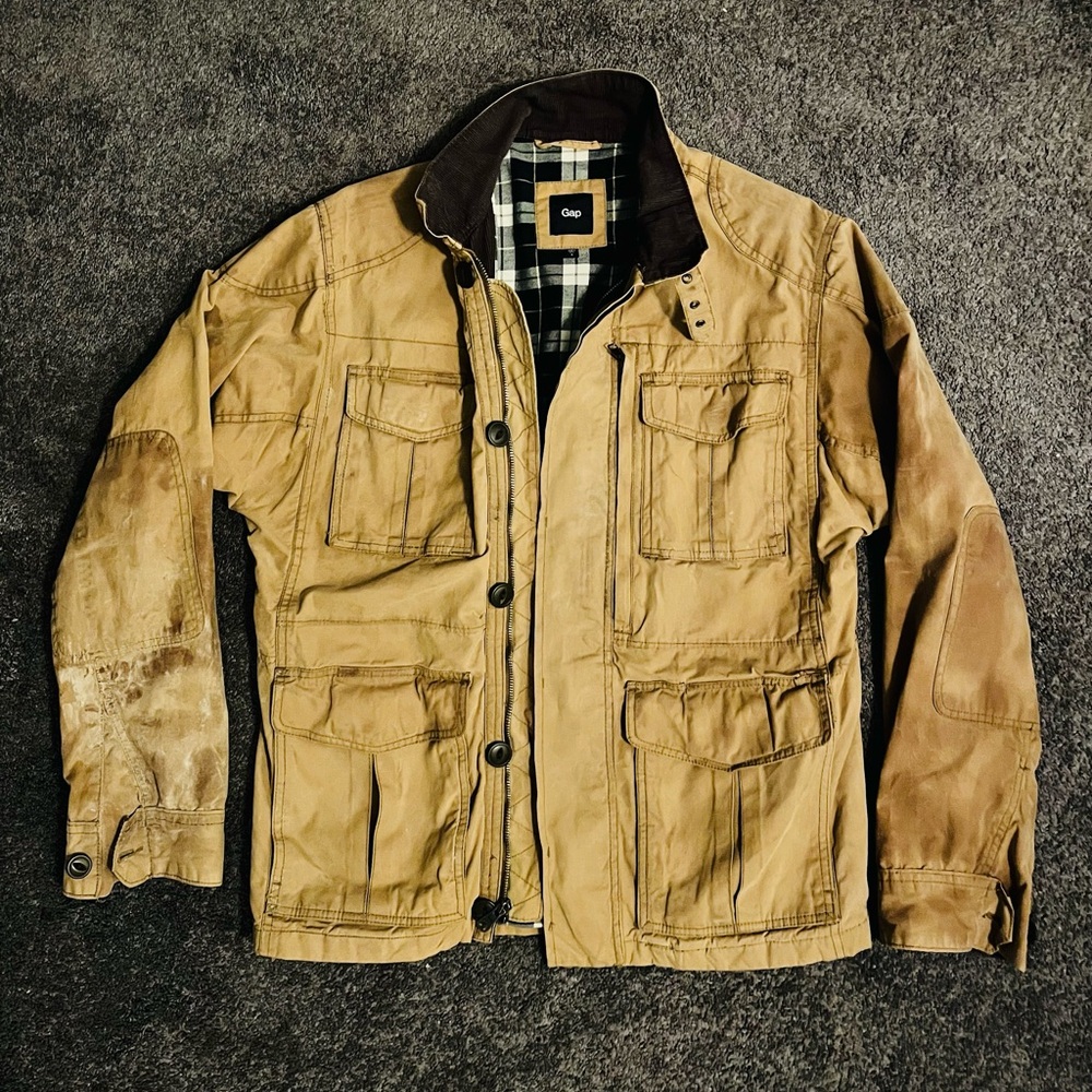 GAP Men's Tan waxed cotton motorcycle/field Jacket with Plaid Lining, small